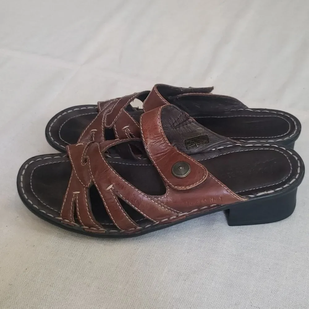 Josef Seibel Brown Leather Sandals Classic Design Block Heel Travel European